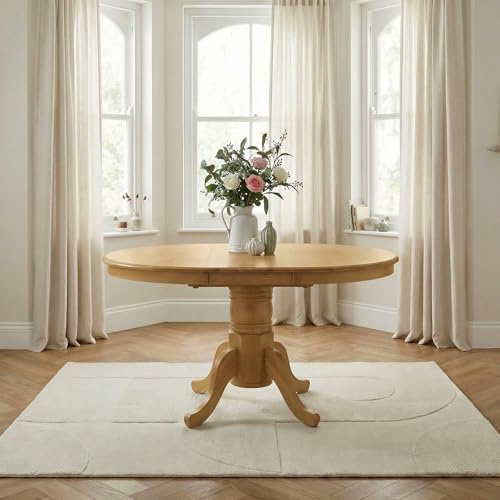 Furniturebox UK 4 to 6 Seat Wood Round Extending Table - Padstow Oak Effect Pedestal Extendable Dining Table - Traditional Classic Rustic Farmhouse Dining Furniture - Solid Rubberwood
