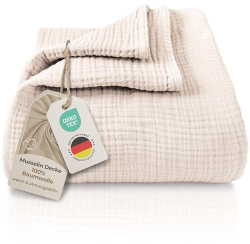 LAYNENBURG Premium Musselin Tagesdecke 150x200 cm - 100% Baumwolle - extraweiche, leichte Sommerdecke als Kuscheldecke, Bett-Überwurf, Baumwolldecke, Couch-Überwurf - warme Sofa-Decke (Beige)