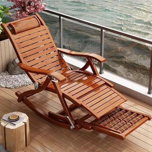Patio Leisure Schaukelstühle, Freizeitstuhl, Klappbarer Schaukelstuhl, Bambus-Relaxsessel, Einziehbare Massage-Fußstütze, Verstellbarer Rückenlehnensessel, Loungesessel mit Nackenkissen, Atm