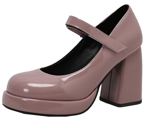 XIEPP Elegante décolleté da donna con punta rotonda e tacco a plateau con tacco a blocco Mary Jane Scarpe per feste, Lilla, 41 EU