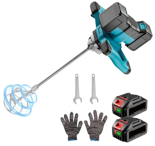 WUDLEP Cordless Cement Mixer, 850W Electric Concrete Mixer with 6 Speed, Handheld Mud Mixer with 2 PCS Rechargeable 3.0Ah Lithium Battery, for Mixing Mortar, Paint, Fodder