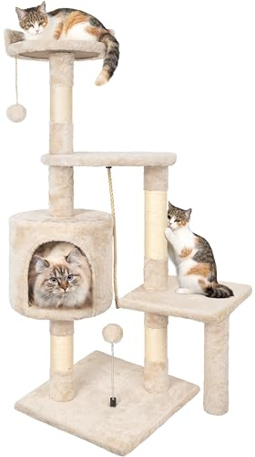Kratzbaum, 112 cm Katzenbaum Stabil Katzenkratzbaum, Aktivitätskratzbäume mit Kratzsäule Großer Plattform Katzenhaus Plüschbälle, Beige