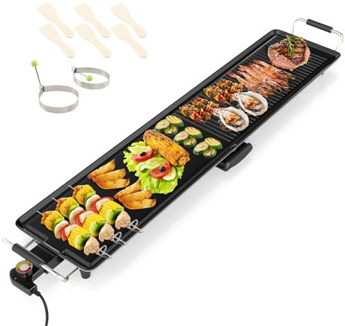 GOPLUS Plancha Eléctrica de 70/90/100 cm, Parrilla Extra Grande con 2 Superficies Antiadherentes, Temperatura Ajustable, Manijas Aisladas y Bandeja de Goteo, Parrilla de Barbacoa (100x22CM)