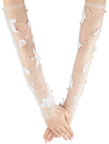 GORGECRAFT 2 Paio di Guanti da Sposa in Tulle Bianco in Poliestere A Rete in Pizzo Trasparente con Fiori e Perle Senza Dita con Maniche Lunghe Staccabili per Halloween Cosplay Feste di Ballo Donna