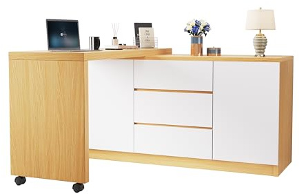 Merax Bureau avec roulettes verrouillables, plateau rotatif à 360° avec commode, 2 portes d'armoire et 3 tiroirs pour bureau ou maison, blanc/couleur bois