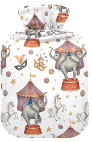 Circus Elephant White Hot Water Bottle with Cover Rubber Hot Water Bag Bottles Hand Feet Warmers Velvet Cover 2L for Winter Hot Compress