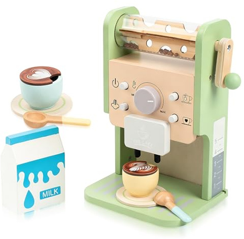 Tmefoy Machine à café en bois pour enfants - Accessoires de cuisine pour enfants - Service à café en bois avec pot à lait et tasses - Jeu de rôle éducatif pour enfants
