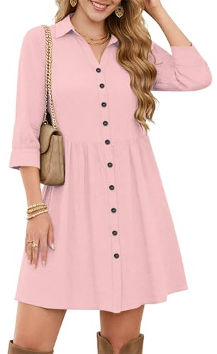 WNEEDU Robe Chemise Femme Ete Chic et Elegant Manche 3/4 Robe de Plage | Courte, avec poches, taille empire, les boutons peuvent être défait