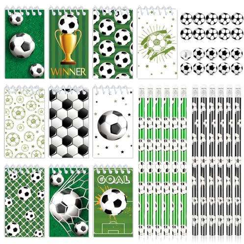 Fonyet Fußball Mitgebsel Kindergeburtstag Enthält 10 Fußball Notizbücher, 12 Bleistifte, 10 Radiergummi und 10 Bleistiftspitzer, Schreibwaren Set für Kinder Fussball Geburtstag Party