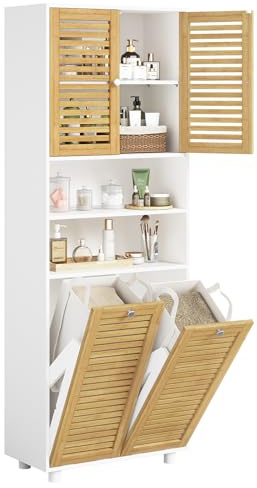 FORABAMB Meuble Colonne de Salle de Bain,Armoire de Salle de Bain avec Panier à Linge,2 Paniers Lavables 50L,Meuble Salle de Bain Rangement avec Étagères Réglables pour Salle de Bain,30 x 60 x 170 cm