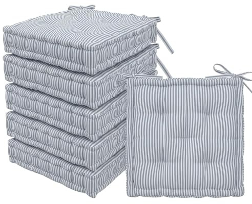 Harbour Housewares Square Seat Pads Pack of 6-40 x 40cm Extra Thick Cushions with Ties, Indoor Outdoor Chair Seat Pads for Dining Chairs, Garden, Patio & Bistro Seating - Grey Stripe