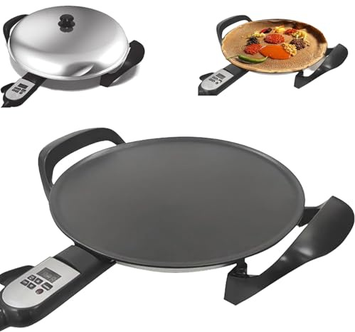 Plancha Eléctrica Para Injera de 1700W, Crepera Antiadherente de 46 Cm con Tapa de Vapor de Acero Inoxidable 304 y Pantalla Digital, Temperatura y Tiempo Ajustables, Ideal Para Sartén y Cocinar 40cm