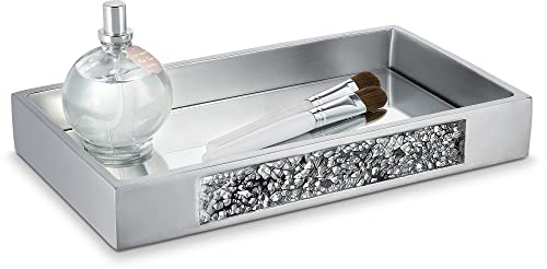 Silver Mosaic Mirrored Bathroom Tray 11x6.1 - Decorative Bathroom Vanity Tray - Perfume Tray for Dresser - Small Rectangle Mirror Tray for Perfume and Makeup - Bling Silver Bathroom Accessories