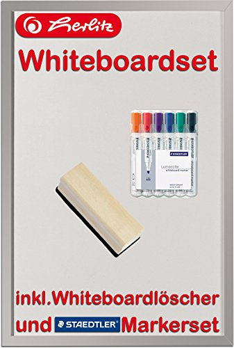 Staedtler 351 Lumocolor Whiteboardmarker, Rundspitze 2 mm, 6 Stifte in 6 Farben, aufstellbare Box/Kombi-Set (Marker, Löscher Holz & Whiteboard 40 x 60cm)
