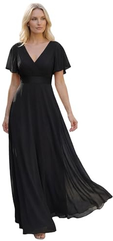 Ever-Pretty Abito Cerimonia Donna a V Linea ad A Elegante Abito da Sera Classico con Maniche a Volant Nero 54