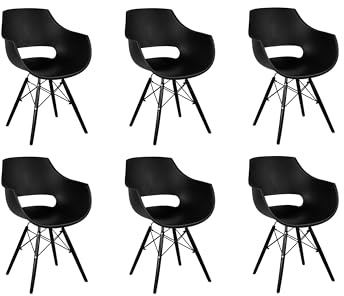 SAM 6er Set Schalenstuhl Lea, Schwarz, ergonomisch geformte Sitzschale aus Kunststoff, bequemer Esszimmerstuhl im Retro-Design, Holzgestell schwarz