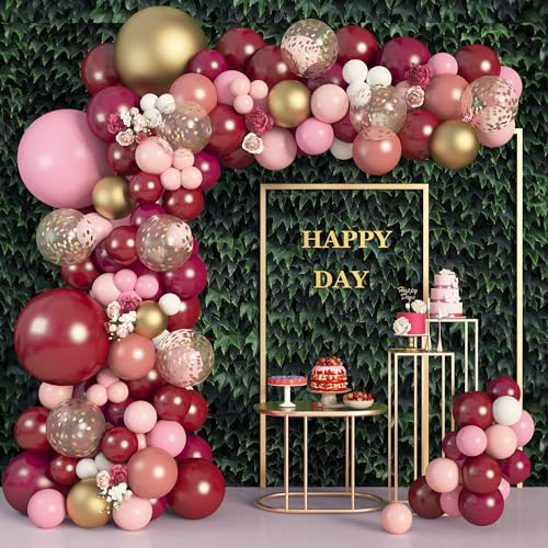 Amandir 162Pcs Burgundy Balloon Garland Arch Kit, Light Pink White Maroon Balloons Confetti Latex Metallic Gold Balloons for Valentines Birthday Bridal Shower Wedding Graduation Party Decorations