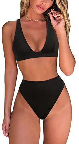 Fatty Tiger - Conjunto de Bikini de Cintura Alta para Mujer, Estilo brasileño Sexy, Forma de triángulo, Escote Profundo en V, bañador de Dos Piezas, Negro -, XL
