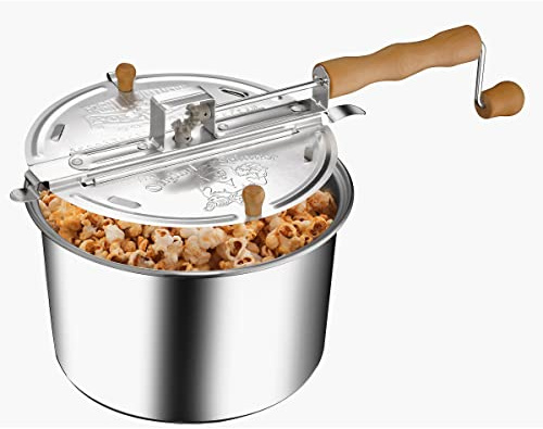 Stovetop Popcorn Maker - 6-Quart Aluminum Popcorn Popper with Hand Crank, Vented Lid, and Stir Paddle by Great Northern Popcorn (Silver)