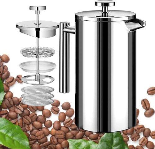 WORBIC Large French Press Coffee Maker 50oz (1.5L), 304 Stainless Steel Double Wall Insulated Coffee Press for Camping, Backpacking, Party, Travel, Gift Set, Dishwasher Safe (Silver, 6-8 Cups)