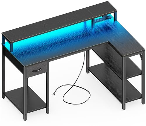 SUPERJARE 47 inch L Shaped Gaming Desk with LED Lights & Power Outlets, Reversible Computer Desk with Shelves & Monitor Stand, Corner Desk with Drawer, for Home & Office, Black