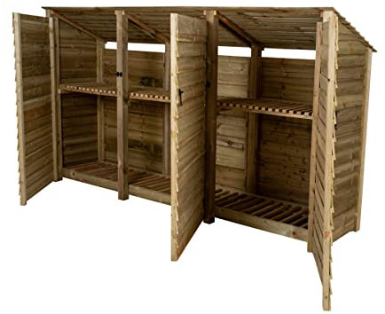 Arbor Garden Solutions wooden log store with doors 6ft, firewood storage (W-335cm, H-180cm, D-88cm), natural finish (With kindling shelf (roof sloping back))