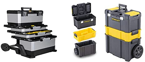 STANLEY FATMAX Rolling Workshop Toolbox, Heavy Duty Metal Latch, 4 Level Workstation with Portable Tote Tray, 1-95-622 & Essential Rolling Workshop Toolbox, 3 Tier Stackable Units, STST1-80151