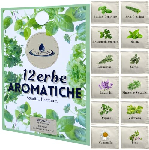 Kit 12 Erbe Aromatiche Officinali, Semi di: Basilico, Erba Cipollina, Prezzemolo, Menta, Rosmarino, Salvia, Lavanda, Finocchio, Origano, Valeriana, Camomilla, Timo - Orto Facile