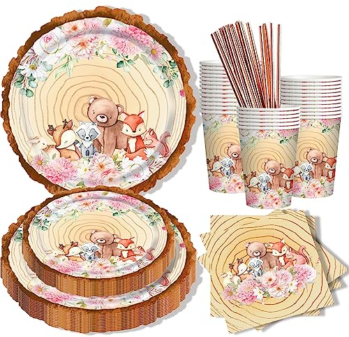 Waldtiere Babyparty Deko Partygeschirr Set 24 Gäste, 120 Stück Rose Gold Pappteller Becher Servietten Strohhalme Pappgeschirr Sets, Dschungel Safari Baby Shower Kindergeburtstag Party Deko Mädchen