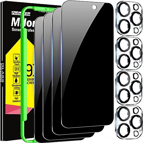 Milomdoi 3 Pack Privacy Screen Protector for Apple iPhone 15 Pro Max with 3 Pack Tempered Glass Camera Lens Protector, Ultra 9H Accessories, Case Friendly, Mounting Frame, 2.5D Curved, Black