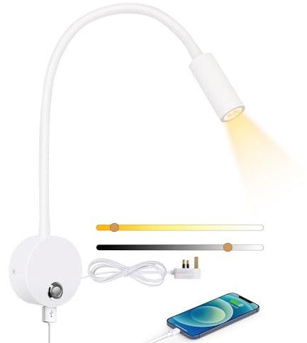 ERWEY Reading Lamp Wall Mounted, LED Wall Lamp Bedside Lamp with Switch Touch Dimmable and USB Charging Port, Bed Reading Light 360° Swivel Gooseneck Lamp with Plug and Cable for Bedroom, White
