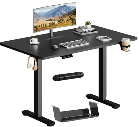 SANODESK Escritorio Elevable Eléctrico 110cm con Tablero Entero,Regulable en Altura con Memoria, Estable y Silencioso,Soporte hasta 100 kg, con Gancho y Portabotella,Oficina y Hogar(Negro)