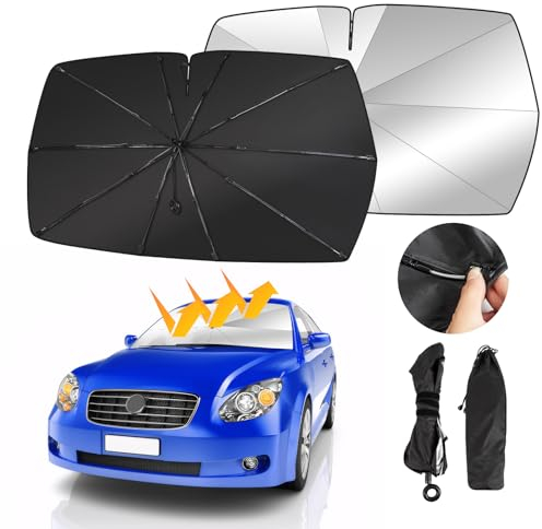Oziral Parasol para Coche Ventana Delantera Plegable Parabrisas de Coche Parasol Cola de Paraguas con Resorte Plegable Adecuado para Parabrisas de Coche Parasol Protección UV, 140 x 74 cm