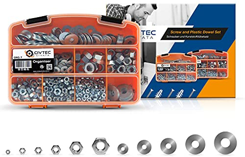 Civtec Muttern Sortiment Mit Unterlegscheiben, Edelstahl Sechskant Muttern Set, Flache Scheibe Box, Verschenkbarer Werkzeugkasten, Sortiment Kit, DIN934, 911pcs M3-M4-M5-M6-M8-M10