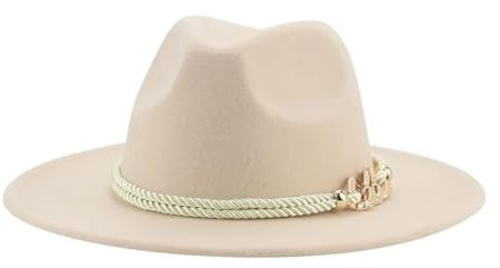 SOYNIA Fedora Trilby Filzhut Hut Damen-Hut Herren-Fedora Breite Krempe Einfarbig Weißer Kettengürtel Panama-Jazz-Kappen Hip-Hop-Hochzeitshut 52–54 cm (Kinder) Beige