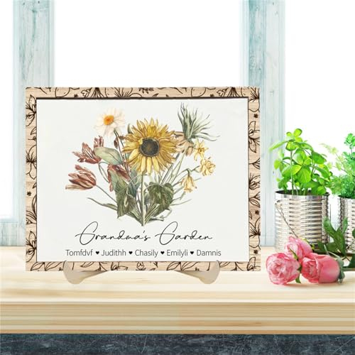 Personalisierbares Schild für Kinder im Alter von 1 bis 15 Jahren, Motiv: Oma 's Garden Schild, Aquarell, Geburtsmonat, Blumenschild mit Ständer, Nana's Gartenschild, Geburtstag, Muttertag, Familie,