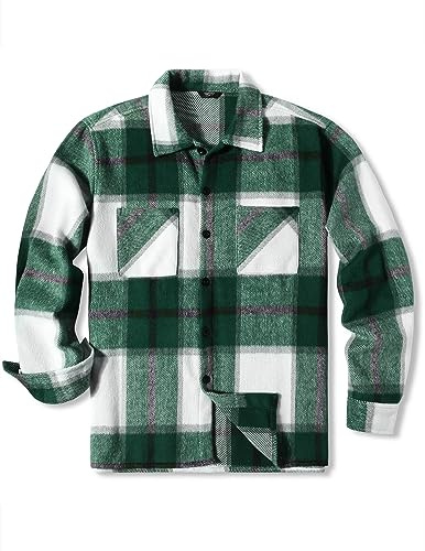 COOFANDY, Giacca da uomo in flanella, a maniche lunghe, stile casual, a quadri, con tasche, Verde, M