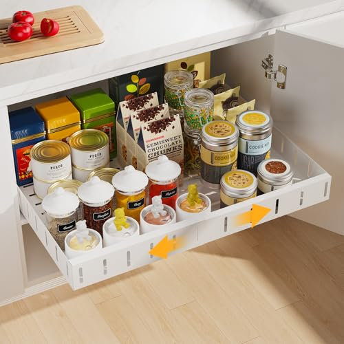 Otauoaea Teleskopschublade, Ausziehbare Schublade Küche, Verstellbare Breite Ausziehbarer Schrank Organizer, Schubladen Organizer Kein Bohren und Nageln Erforderlich (Weiß 30–50 cm W)