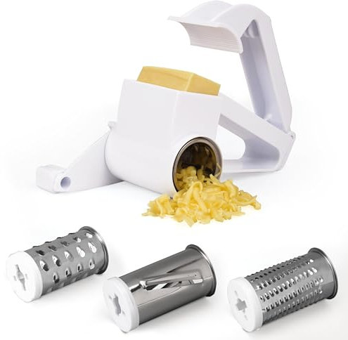Belle Vous Rallador de Queso Manual - Cortador de Cocina con Manivela y 3x Tambores Ralladores de Verduras - Rayador Multifuncional para Quesos Verdura Zanahoria Tomate Calabacin