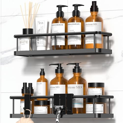 YASONIC Duschablage ohne Bohren, Badezimmer Organizer mit großer Kapazität, schnell trocknende Duschregal ohne Bohren, Shampoo Halterung für Dusche mit 4 Haken, rostfreie Badregal Duschablage Schwarz