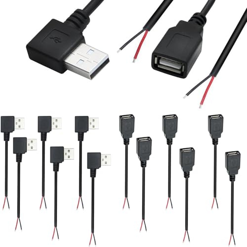 RUNCCI-YUN 12PCS câble prise USB 2.0 USB-A 90 Degrés 2 Broches,Queue de cochon USB,fil nu USB 2.0 2 broches,câble d'alimentation à prise USB 5V 3A 22AWG (30cm)