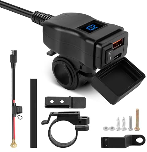 WODHMIEY Ladeadapter – Ladegerät mit USB- und Typ-C-Anschlüssen, 12V-24V Universalkompatibilität, IP65 Wasserdicht, Spannungsanzeige, 5V/3,4A Ausgang, Einfache Montage (Blau)