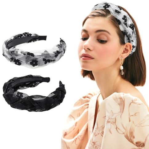 LOPHE Diadema Mujer, 2 Piezas Diademas de Pelo Anchas, Diademas para Mujeres Nudo, Banda para el Cabello Stretchy Head Wrap Twisted Accesorios, Negro + Blanco roto