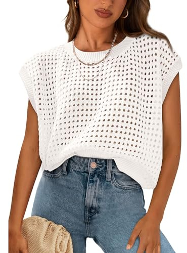 PRETTYGARDEN Womens Spring Tops 2025 Summer Shirts Crochet Cap Sleeve Sweater Pullover Cute Beach Vacation Clothes(White,Small)