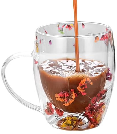 Taza de café - Taza de té de con flores, taza de té transparente con asa | Taza de capuchino para bebidas de doble pared, tazas para café con leche, té, espresso, bebidas calientes, leche, cap