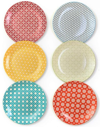 AntoKueh Ceramic Dinner Plates Set of 6, 10.5inch 26.6cm Multi-Color Large Dessert Plates for Salad, Appetizer, Pasta, Steak, Festive Table Setting, Dishwasher & Microwave Safe, Vintage Colorful
