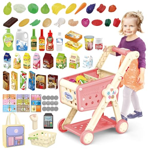 deAO Carro De Compras para Niños Juego De Carrito De Compras con Comida De Juguete, Frutas y Accesorios De Tienda, Carrito De Supermercado,Juguetes De Tienda para Niños Niñas (Rosado)