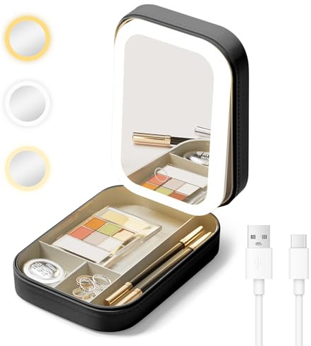 Cuteefun Schminkspiegel mit Beleuchtung, Reisespiegel mit Schmuckaufbewahrung, 3 Farben Dimmbar, USB Aufladbar, Kosmetiktasche mit Spiegel für Schlafzimmer, Schminktisch, Badezimmer, Schwarz