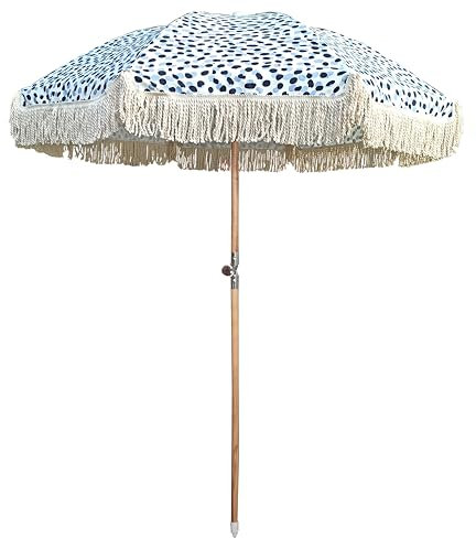 Ombrellone 200 cm, 8 stecche in fibra di vetro 8.0 mm. Palo in legno di faccio con tilt inclinabile. Materiale Canvas, waterproof, protezione UV50+, con frangia in cotone da 15 cm. Fantasie pois