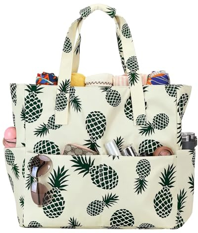 Joyesplay Strandtasche Groß,Strandtasche XXL familie mit Reißverschluss Damen Wasserdicht Sanddicht Beach Bag Sommertasche Schwimmtasche für Strand Reisen Einkaufen Pool (Beige Ananas)